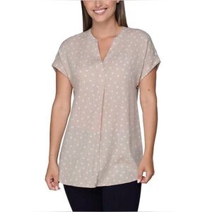 Women’s Rachel Roy Tan and White Polka Dot V-Neck Split V Collar Short Sleeve